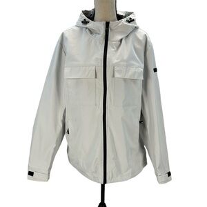 DKNY Long Sleeve Hooded Windbreaker Cargo Jacket Coat - Beige / Ivory - Large